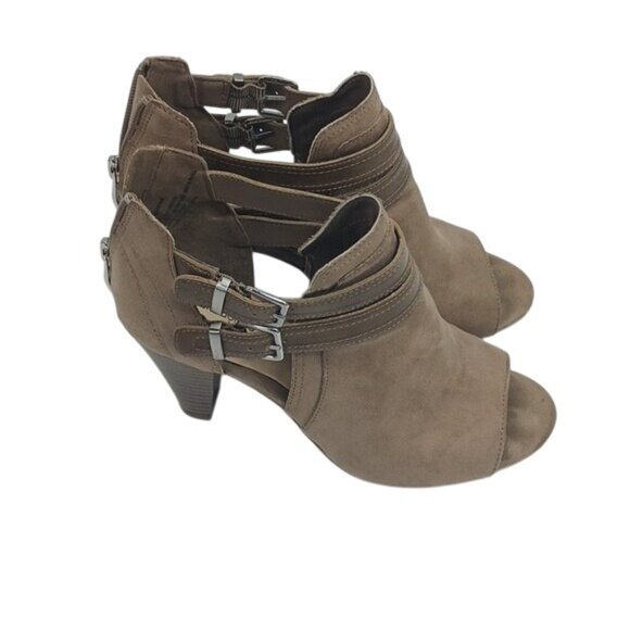 Liz Claiborne Heels Womens Size 7.5 Tan Open Toe Faux Leather Western Flair - Picture 2 of 8